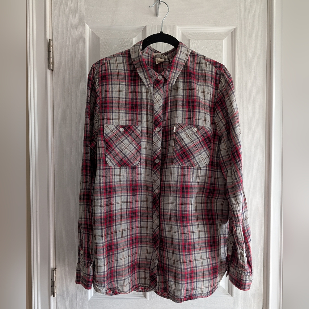 Levi’s Plaid Button-Down Shirt – Soft Red & Grey Check – Women’s Size L